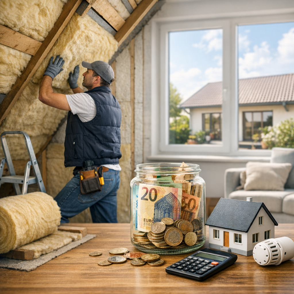 A man in a vest installs insulation on a wall while a jar of money and a model house sit on a table nearby.