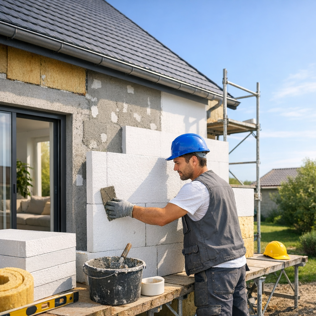 A construction worker in a blue hard hat applies mortar to build a wall with white foam blocks outside a house.