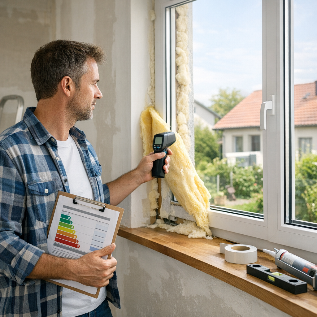 A man in a plaid shirt holds a thermal camera while inspecting a window with exposed insulation, accompanied by a clipboard and construction tools.