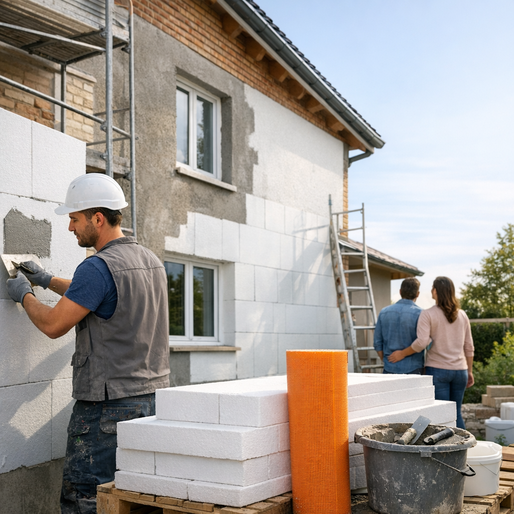 A construction worker applies stucco to a wall while a couple observes from a distance.