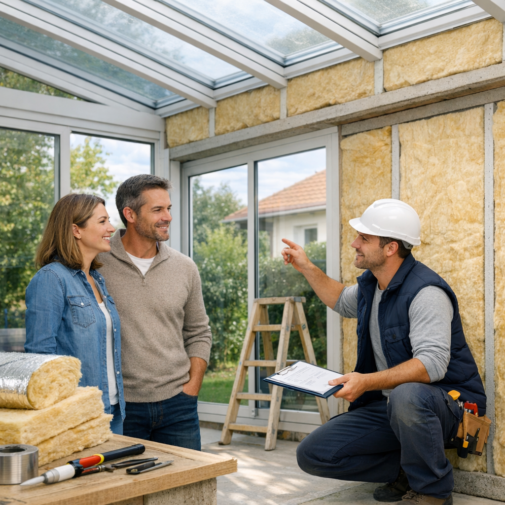 A contractor in a hard hat discusses a renovation project with a couple inside a sunlit room under construction, featuring insulation and tools nearby.