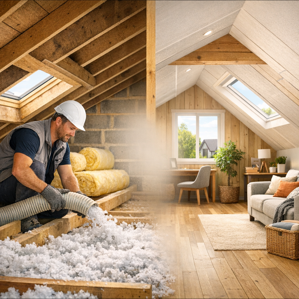 A construction worker in a hard hat is installing insulation in an unfinished attic, with a finished living space visible on the right.
