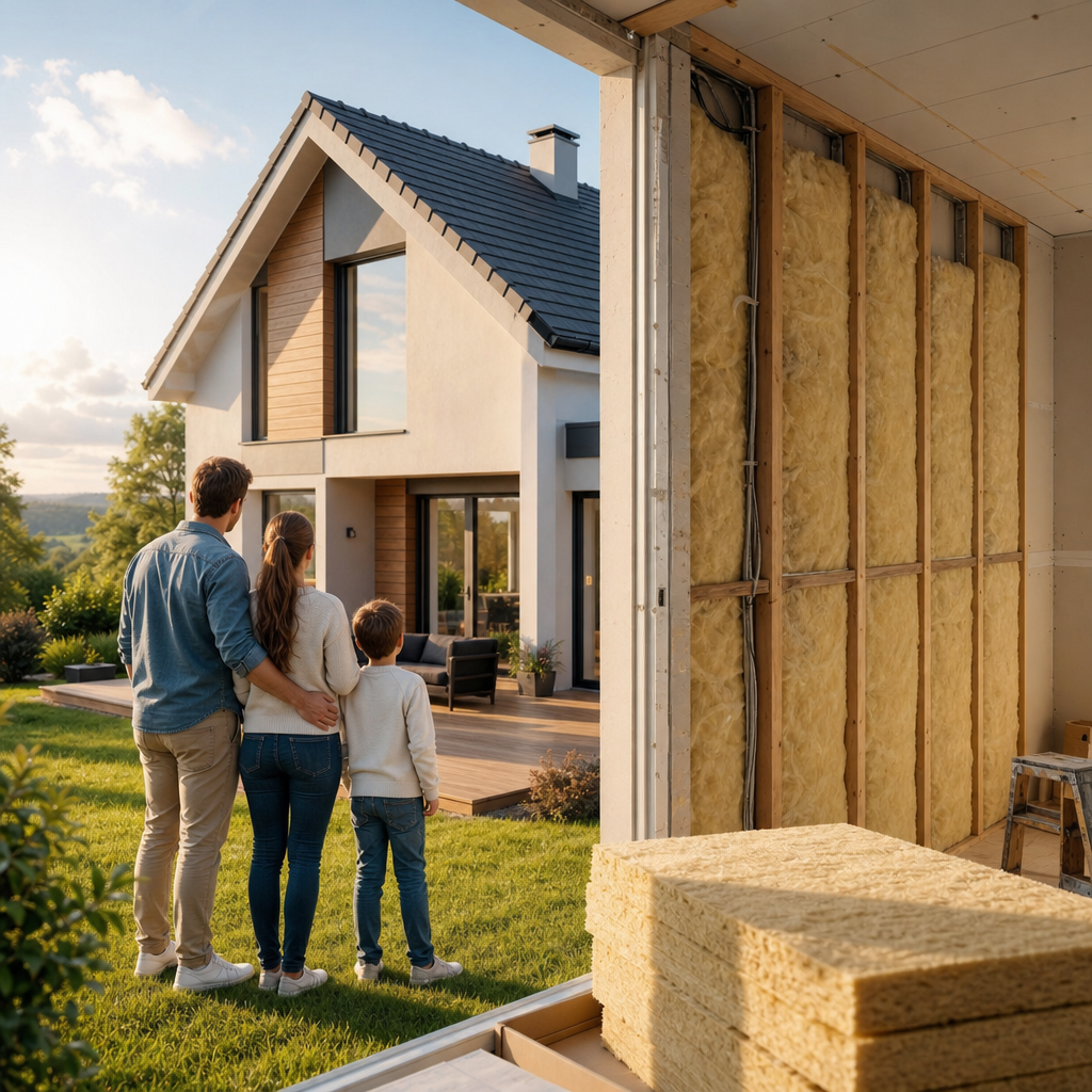 A family of three stands outside a modern house, observing the view while construction materials are visible in the foreground.