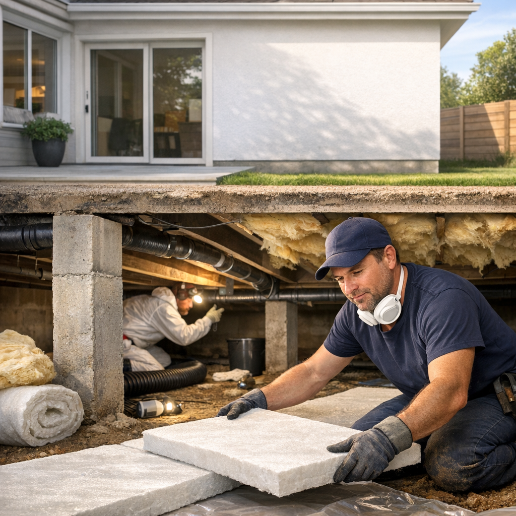 A man is installing insulation panels under a house while another worker investigates nearby.