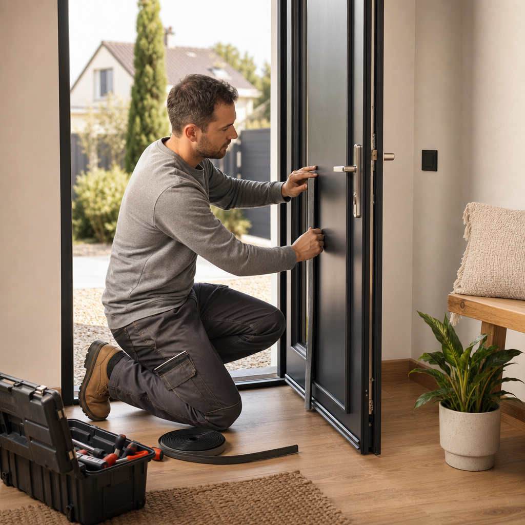 A man kneels by an open front door, installing weather stripping with a tool kit nearby.