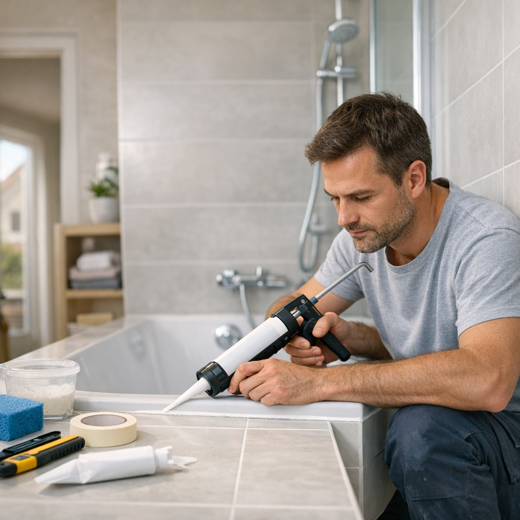 A man in a gray shirt uses a caulking gun to apply sealant along the edge of a bathtub in a bathroom.