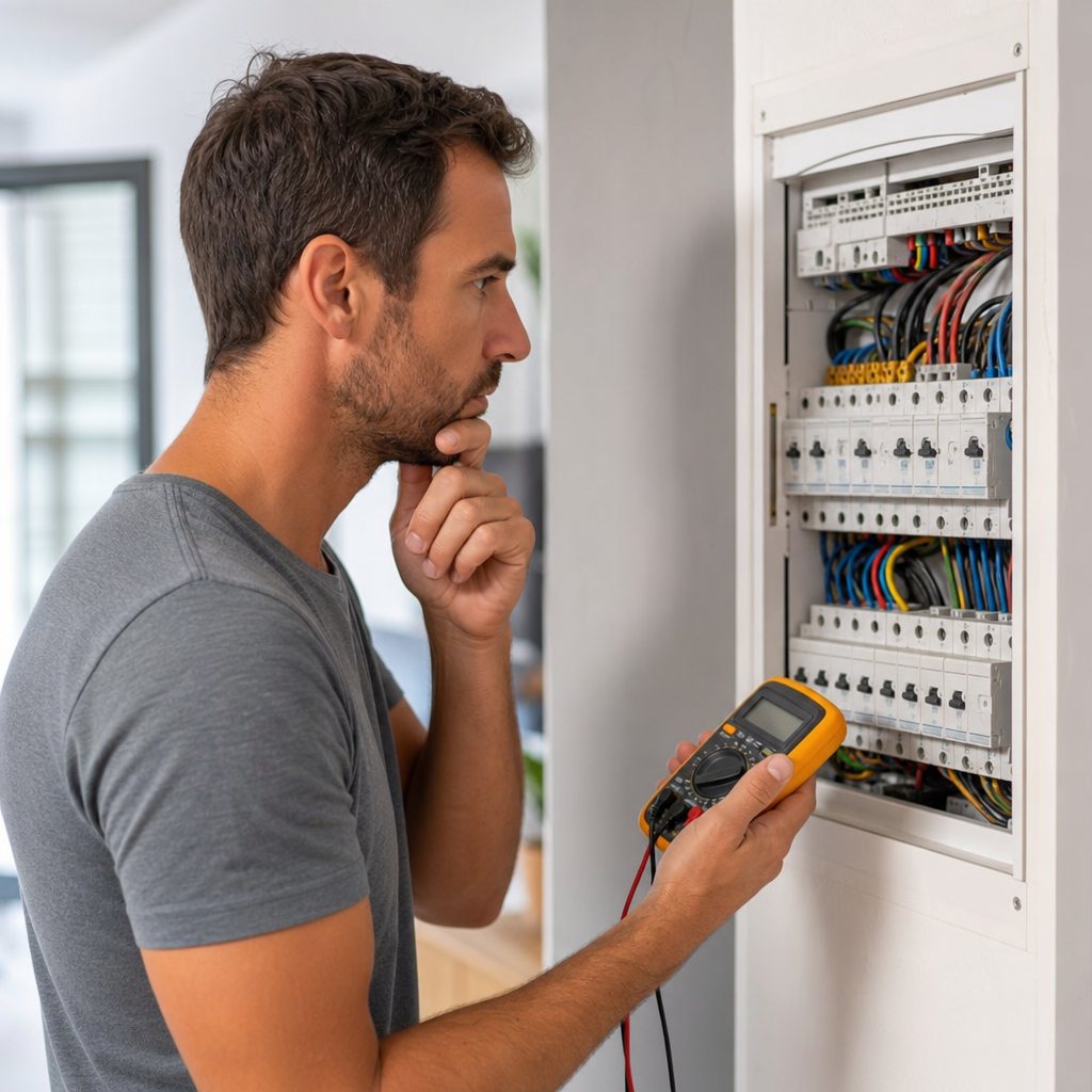 A man in a gray shirt inspects a circuit breaker panel while holding a multimeter.