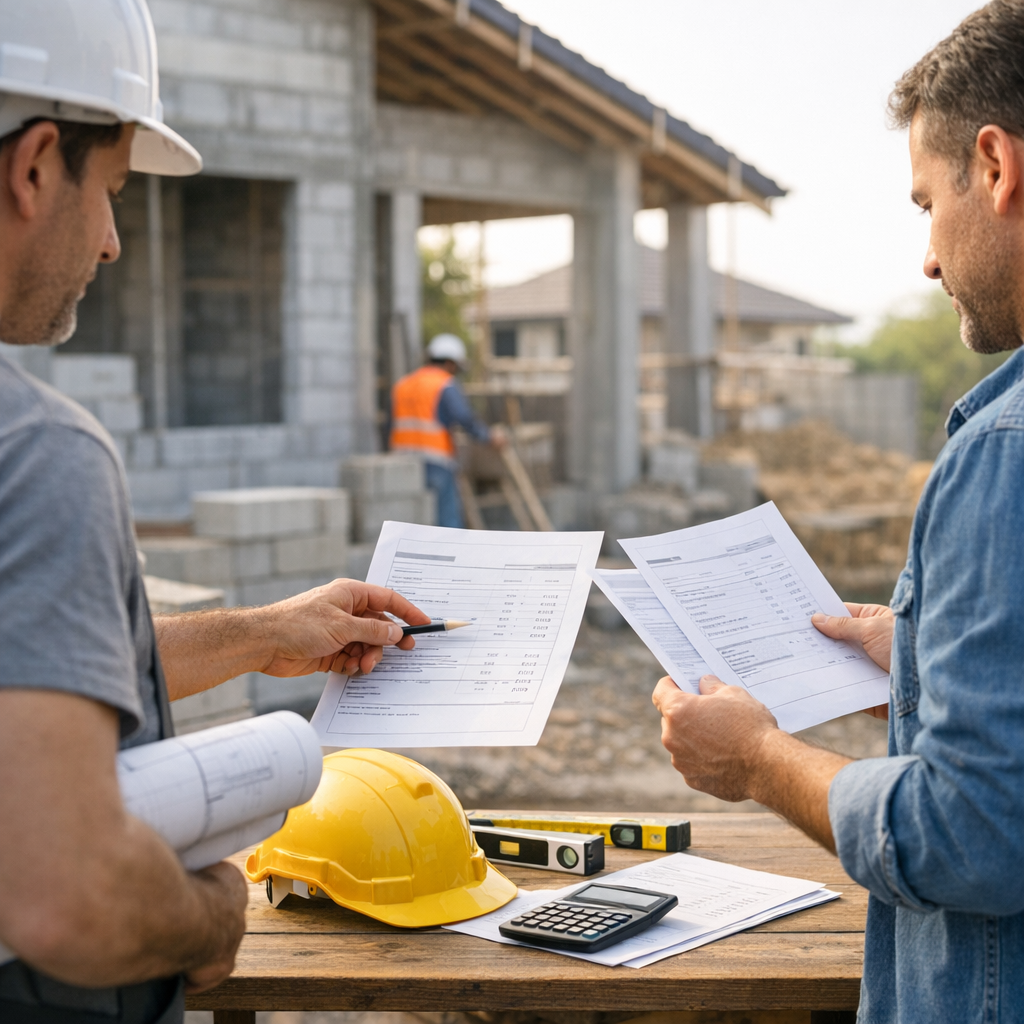 Two construction workers review documents at a building site, with a yellow hard hat and a calculator on a table.