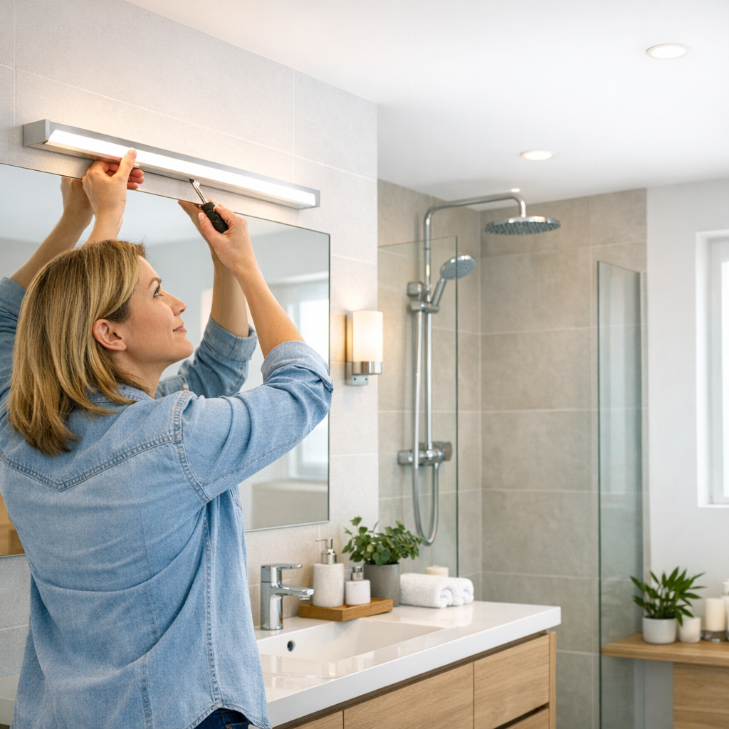 A woman is using a screwdriver to install a light fixture above a bathroom mirror.