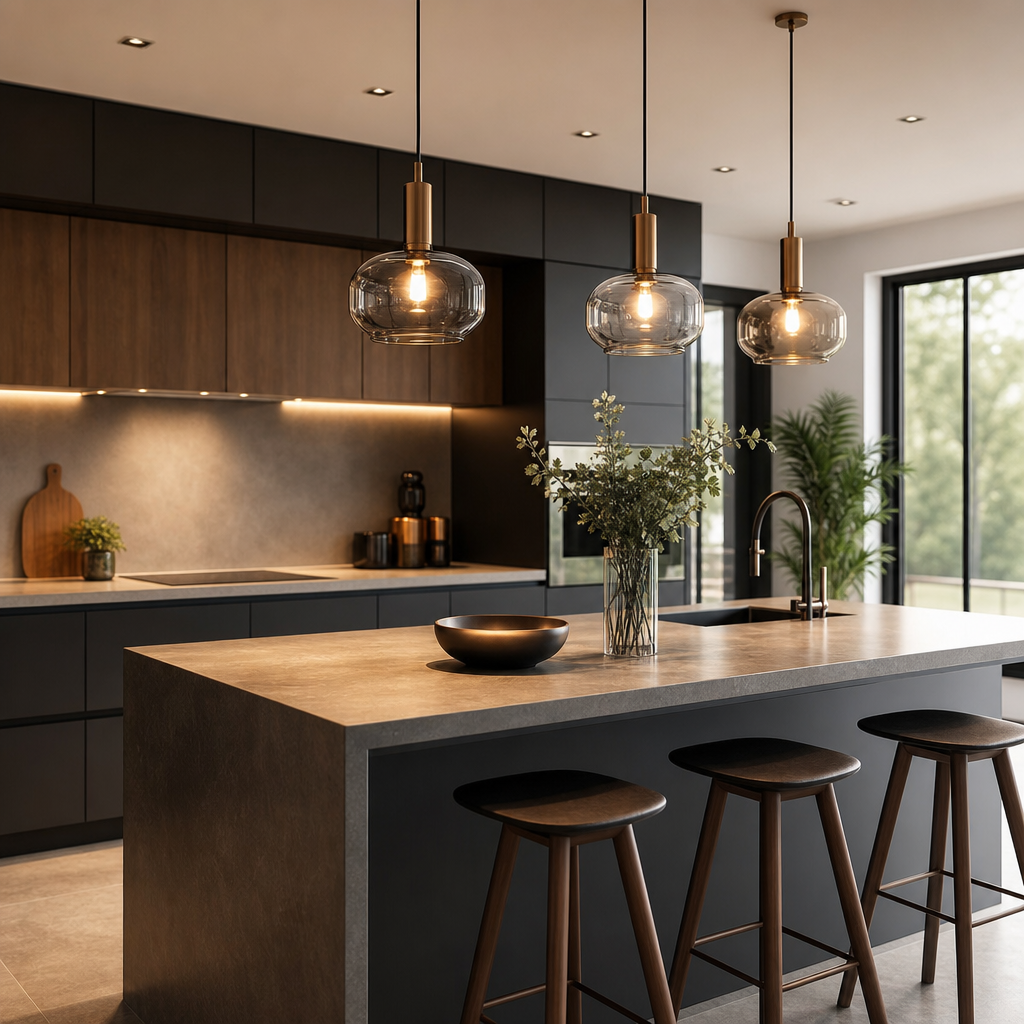 A modern kitchen with dark cabinets, a large island with stools, pendant lighting, and a vase of flowers.