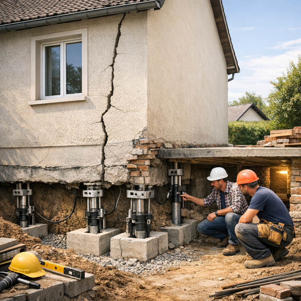 Two construction workers inspect foundation supports beneath a house with visible cracks in the exterior wall.
