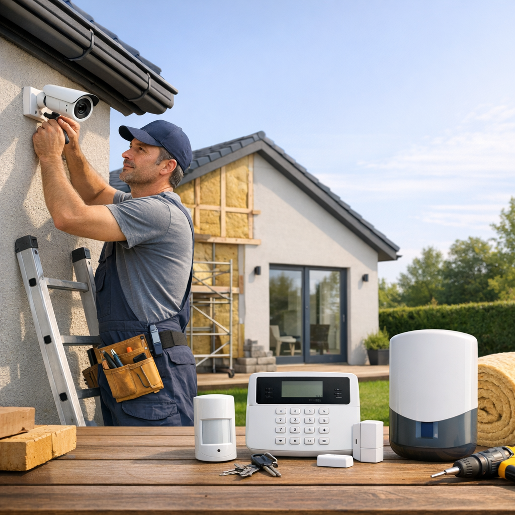 A man installs a security camera on the exterior of a house while various security devices are displayed on a table nearby.