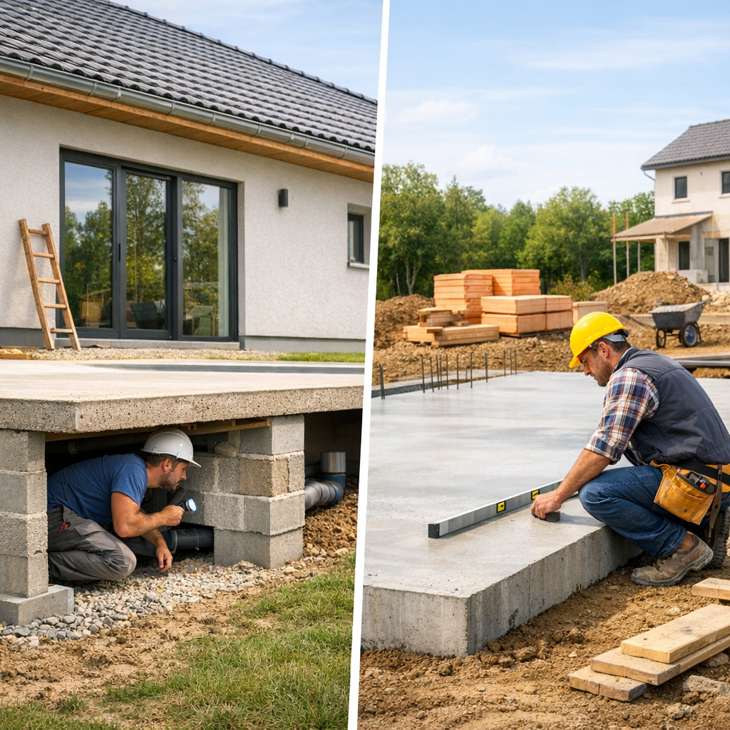 A construction worker inspects a foundation beneath a house on the left and another worker levels a concrete slab on the right, with building materials and additional structures in the background.