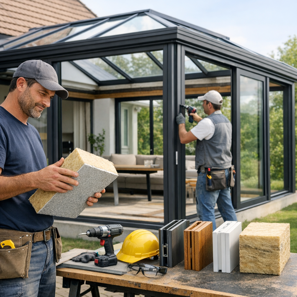 Two construction workers are engaged in home improvement; one inspects a block of insulation while the other installs a door in a glass-walled extension.