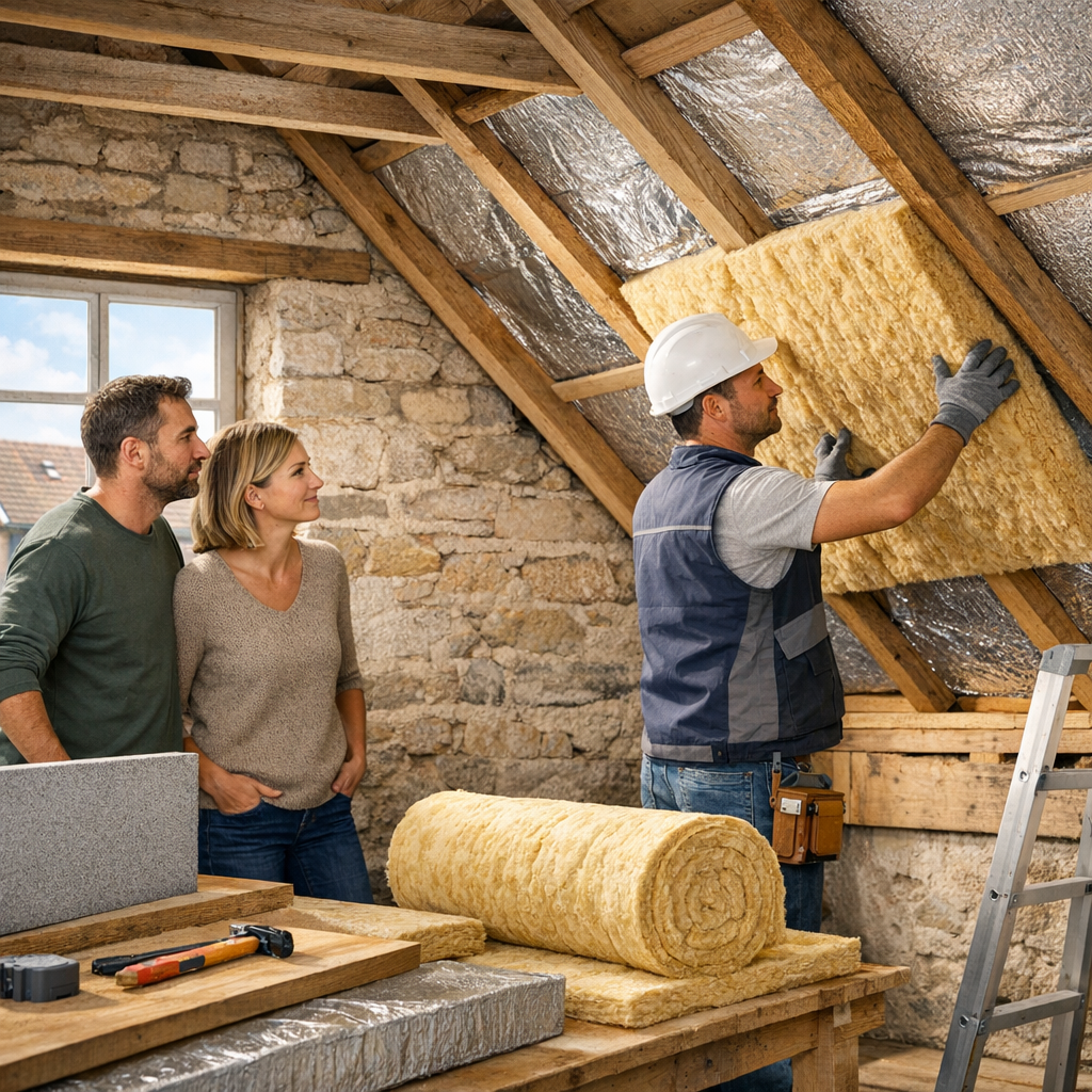 Three people observe a man installing insulation in an attic with exposed wooden beams.