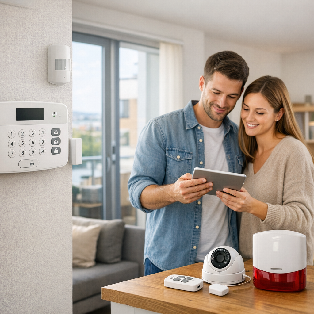 A smiling couple stands together looking at a tablet, with home security devices displayed on a wooden table nearby.