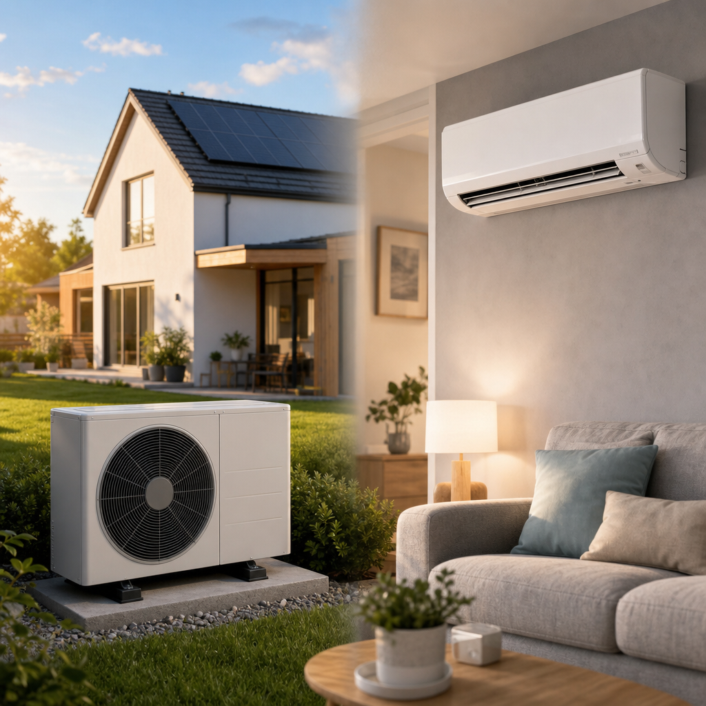 A split-image showing an outdoor air conditioning unit beside a modern house and an indoor wall-mounted air conditioning unit in a cozy living room setting.