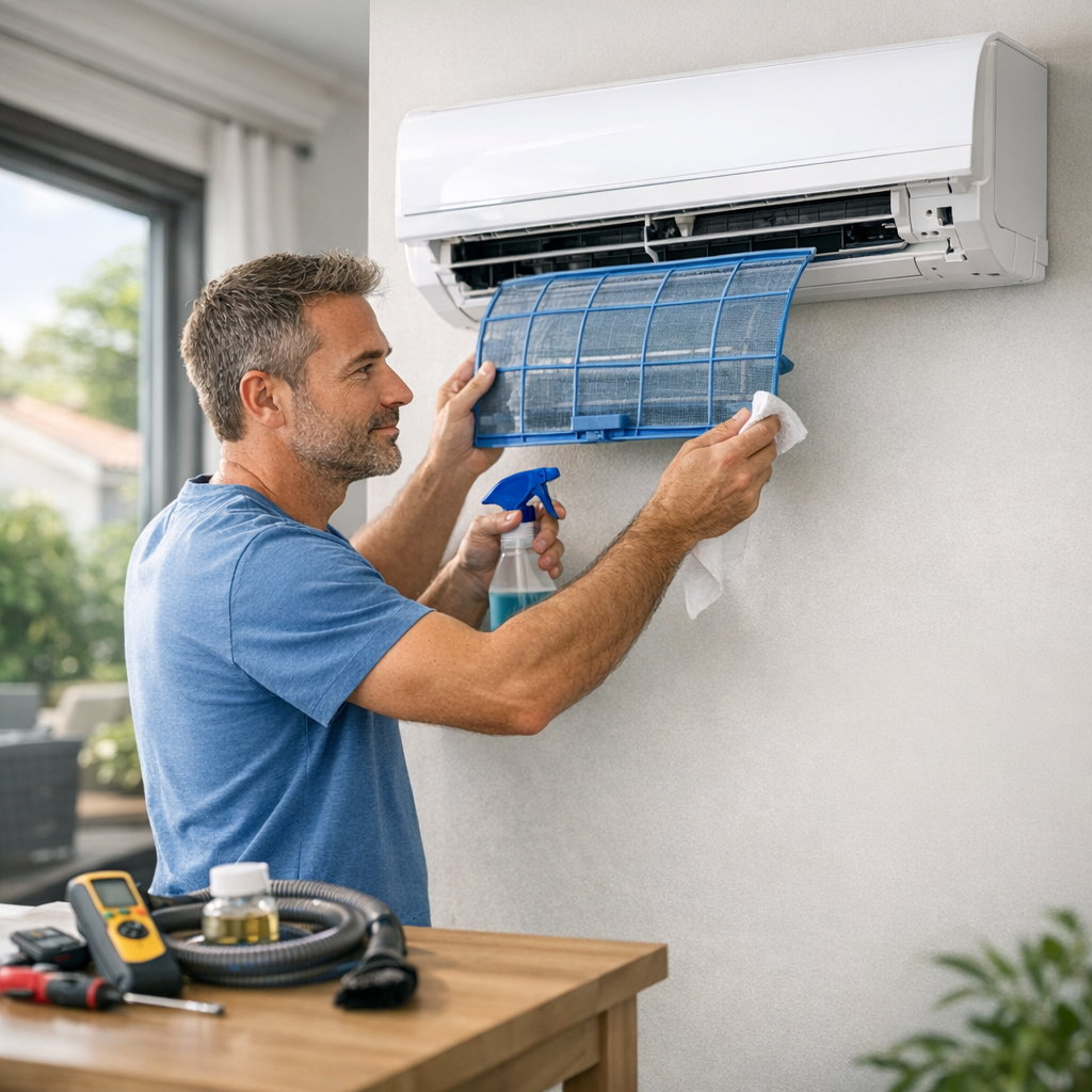 A man in a blue shirt cleans the filter of a wall-mounted air conditioner using a spray bottle and a cloth.