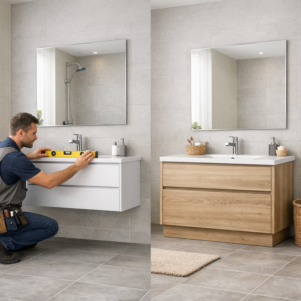 A person is using a level to install a white bathroom vanity on the left, while a wooden bathroom vanity sits on the right, both in a modern bathroom setting.