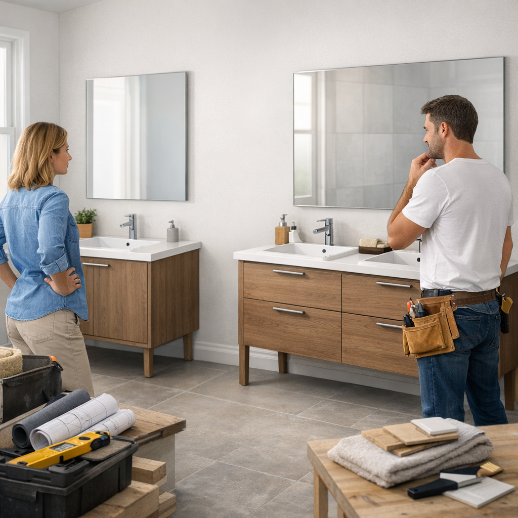 A woman and a man are discussing designs in a modern bathroom with two vanities and mirrors.