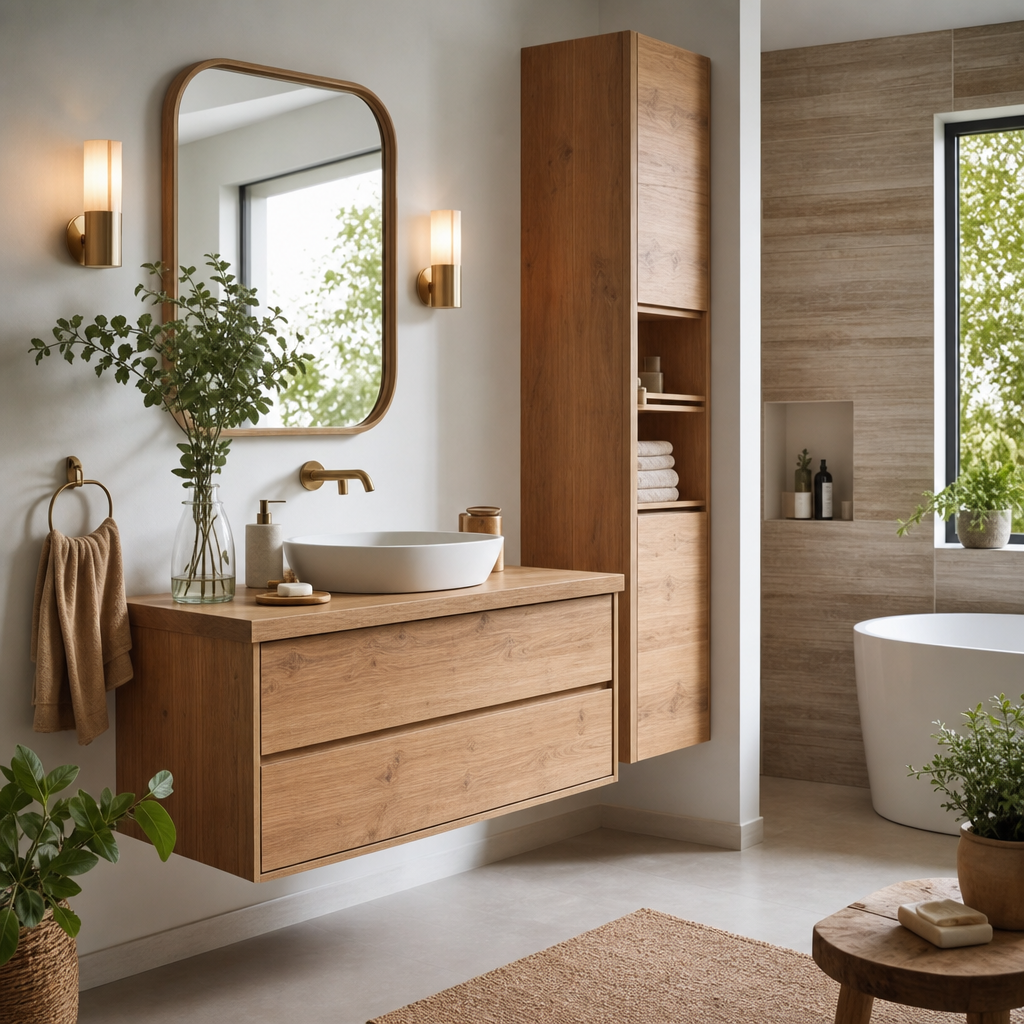A modern bathroom featuring a wooden vanity with a vessel sink, a large mirror, gold light fixtures, and a freestanding bathtub, surrounded by greenery and neutral decor.