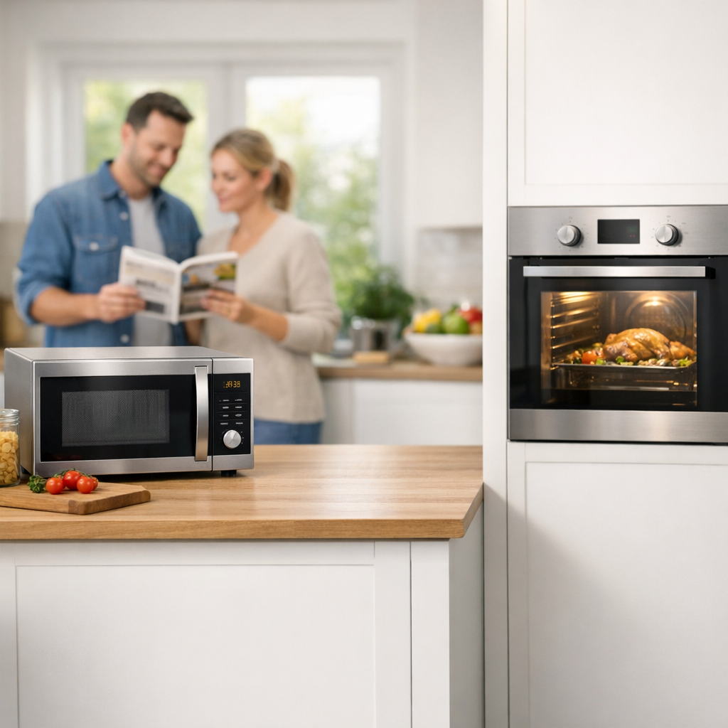A couple stands in a bright kitchen reading a cookbook, with a microwave and an oven roasting a chicken on the countertop.