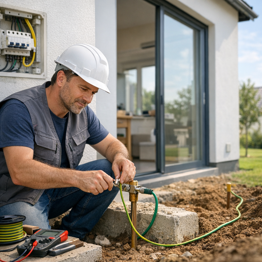 A man in a hard hat and vest is kneeling outside a building, working on a plumbing fixture while tools and cables are nearby.