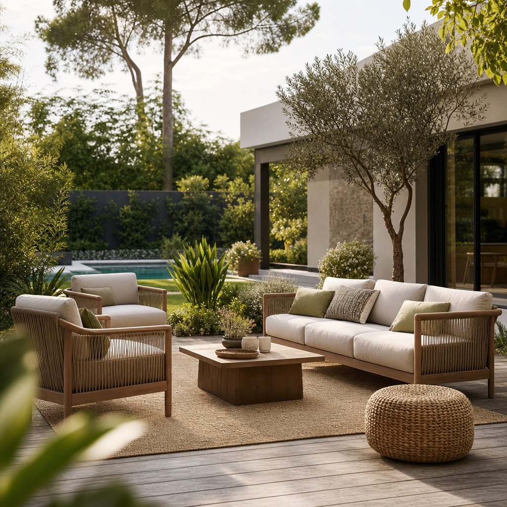 A modern outdoor seating area features a white sofa with green cushions, two matching armchairs, a wooden coffee table, a round wicker pouf, and lush greenery in the background.