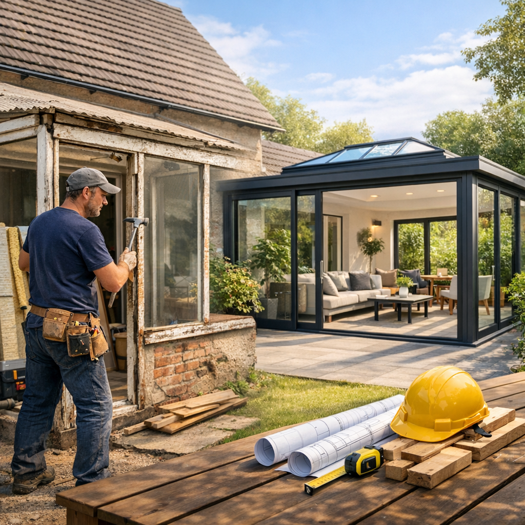 A construction worker is removing old panels from a house while a modern glass extension with furniture is visible in the background.