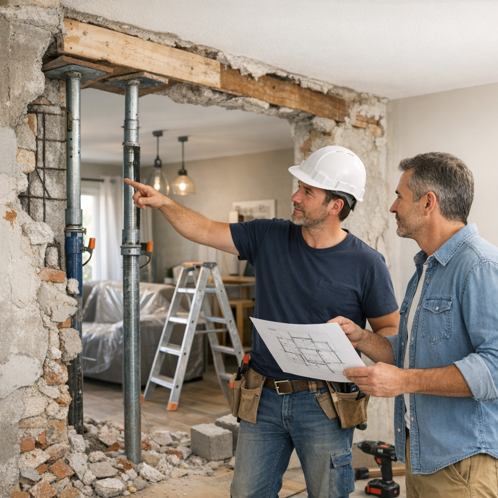 A construction worker in a hard hat points at an open wall while discussing plans with a man holding blueprints.