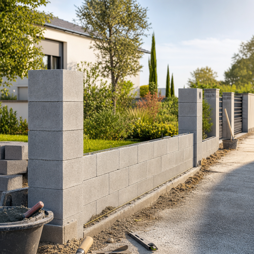 A partially constructed concrete block wall with two pillars is set against a landscaped yard and a modern house.