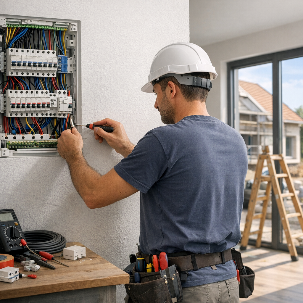 A man in a white hard hat works on an electrical panel, using a screwdriver, while tools are arranged on a nearby table.