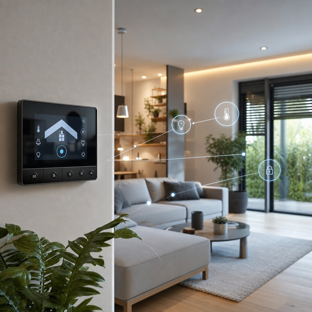A smart home control panel mounted on a wall, displaying icons for temperature, lighting, and security in a modern living room.