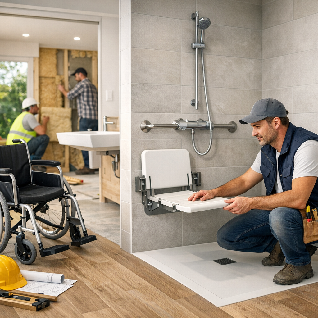 A man is installing a fold-down shower seat in a bathroom while two workers are behind him installing insulation.