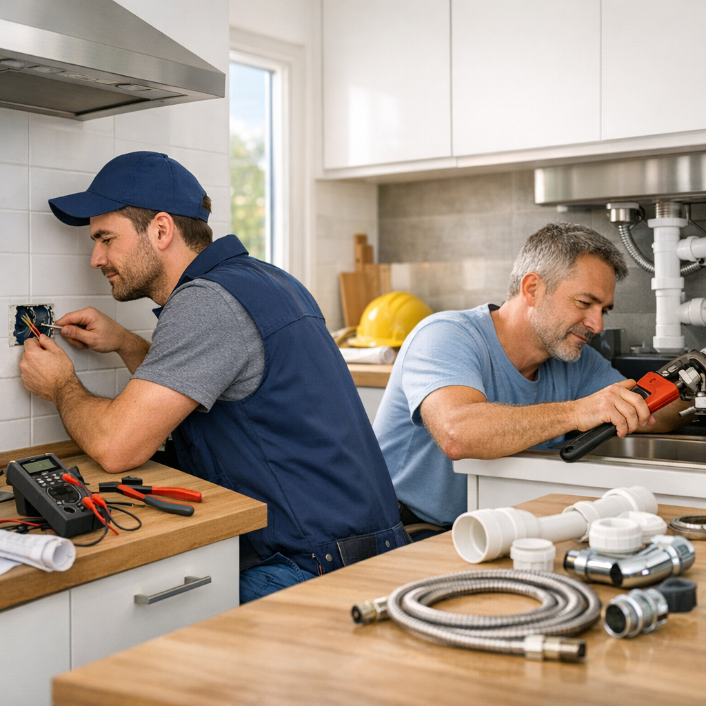 Two men are working in a kitchen: one is wiring an electrical box while the other is using a wrench on plumbing under the sink, with tools and plumbing materials on the counter.