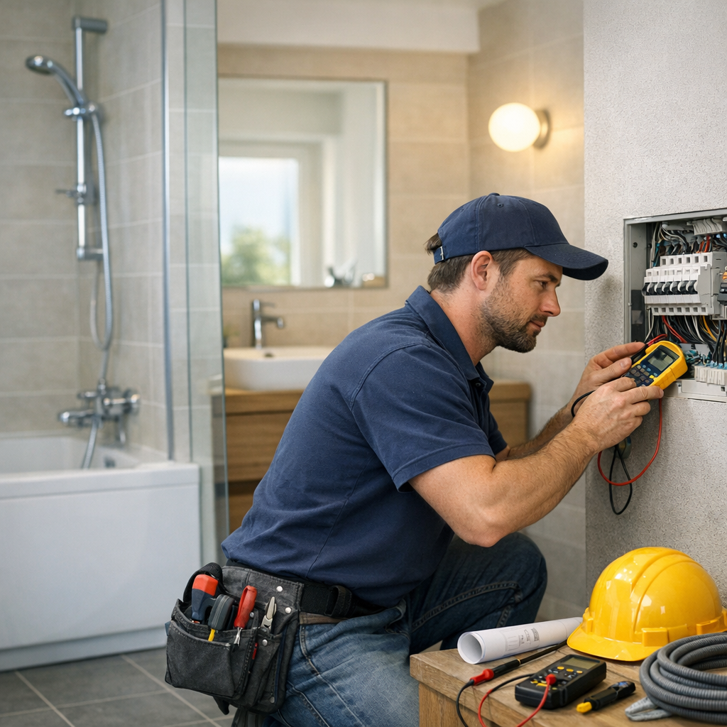 A man in a blue shirt and cap is crouched down, examining electrical wiring with a multimeter in a modern bathroom.