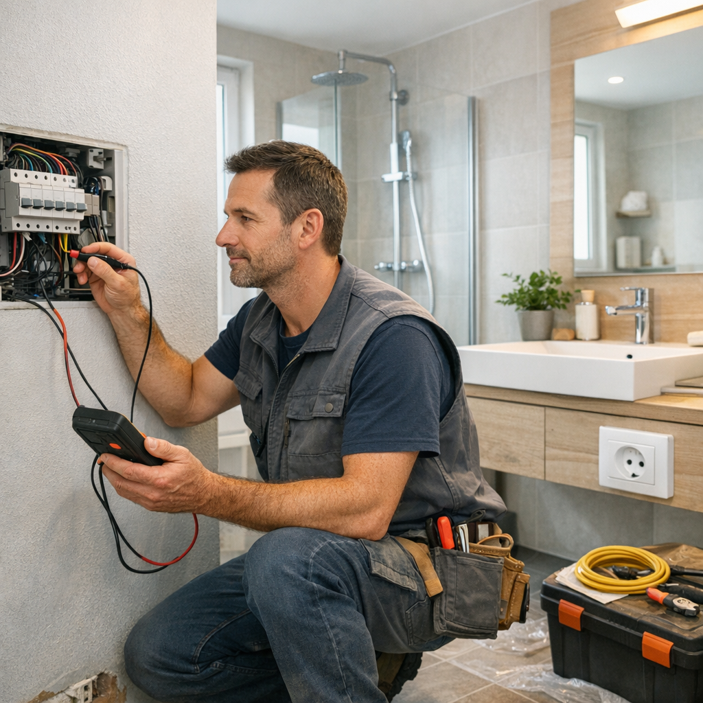 An electrician tests wires in a circuit box in a modern bathroom.