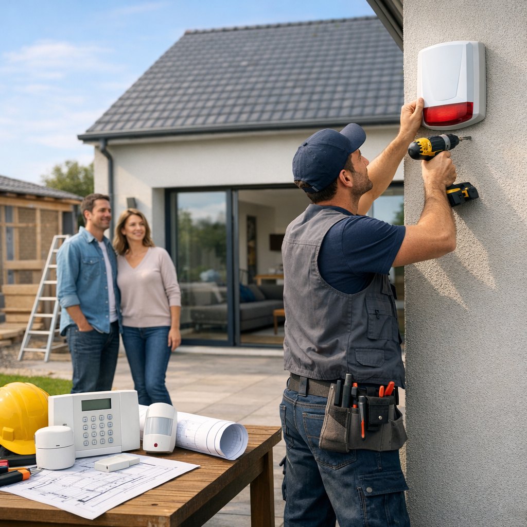 A technician installs a security system on the side of a house while a couple observes nearby.
