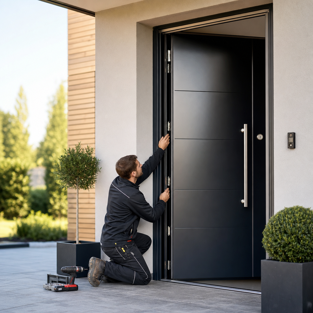 A technician kneels on a patio while installing a modern black front door.