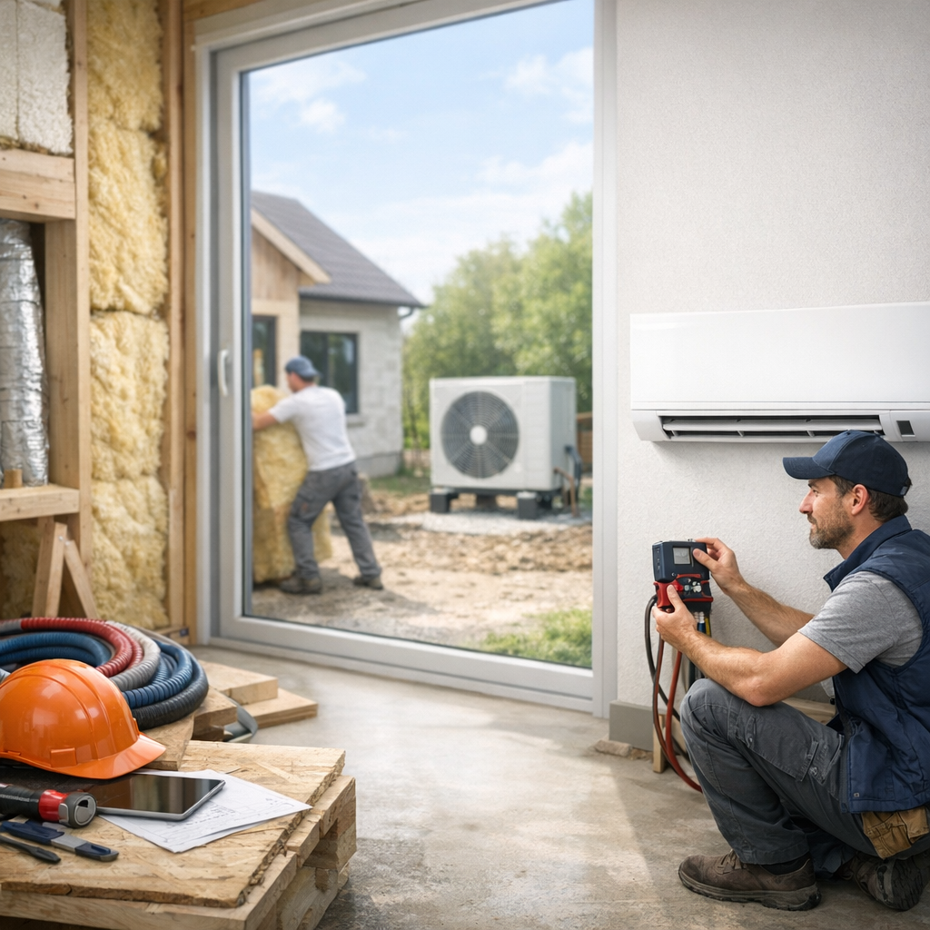 A technician checks equipment settings inside a partially constructed home, while another worker is seen outside moving insulation towards an air conditioning unit.