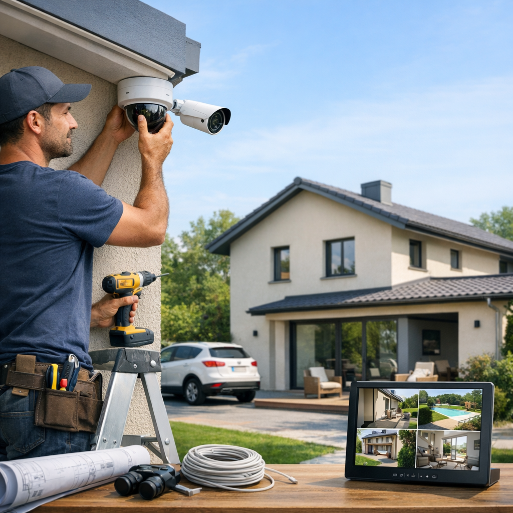 A technician installs a security camera on a house, with a monitor displaying camera views on a nearby table.