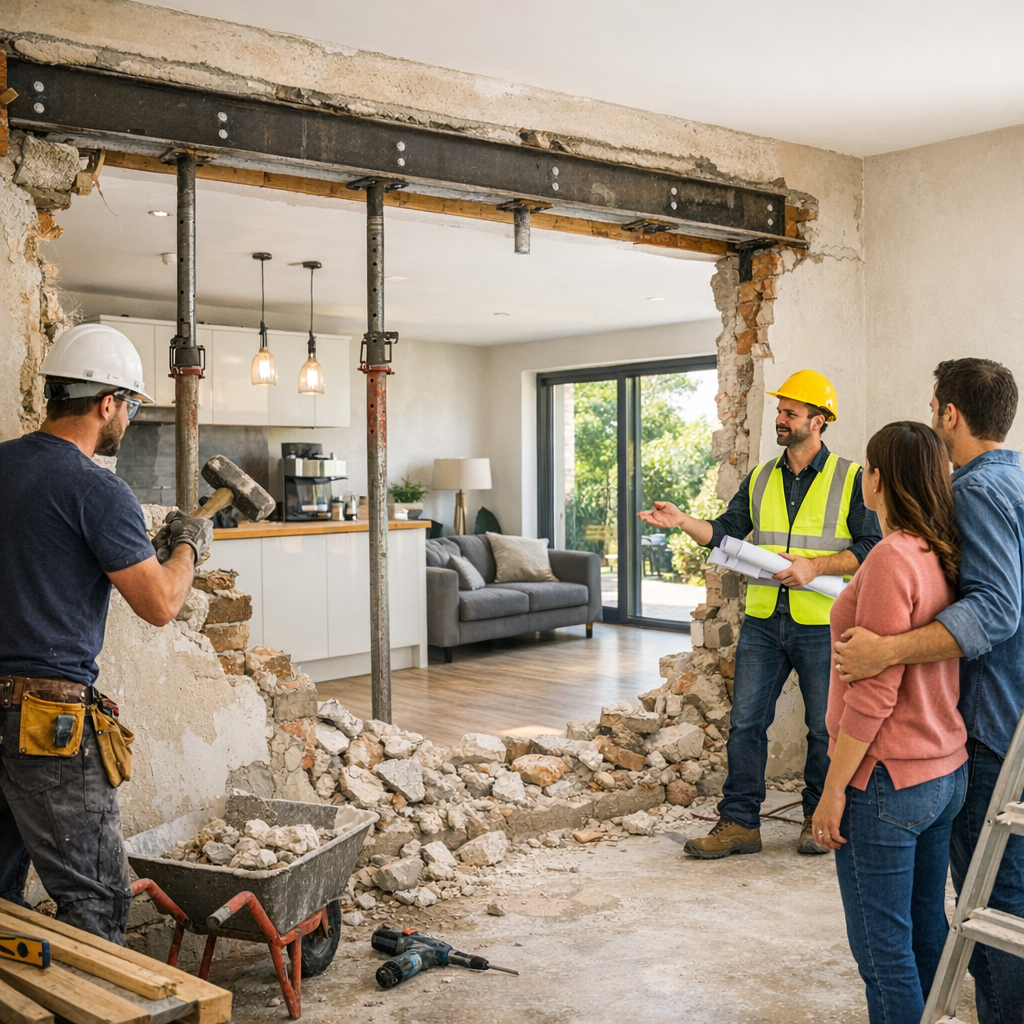 A construction worker discusses plans with a couple while another worker prepares to break down a wall, exposing a kitchen and living area.