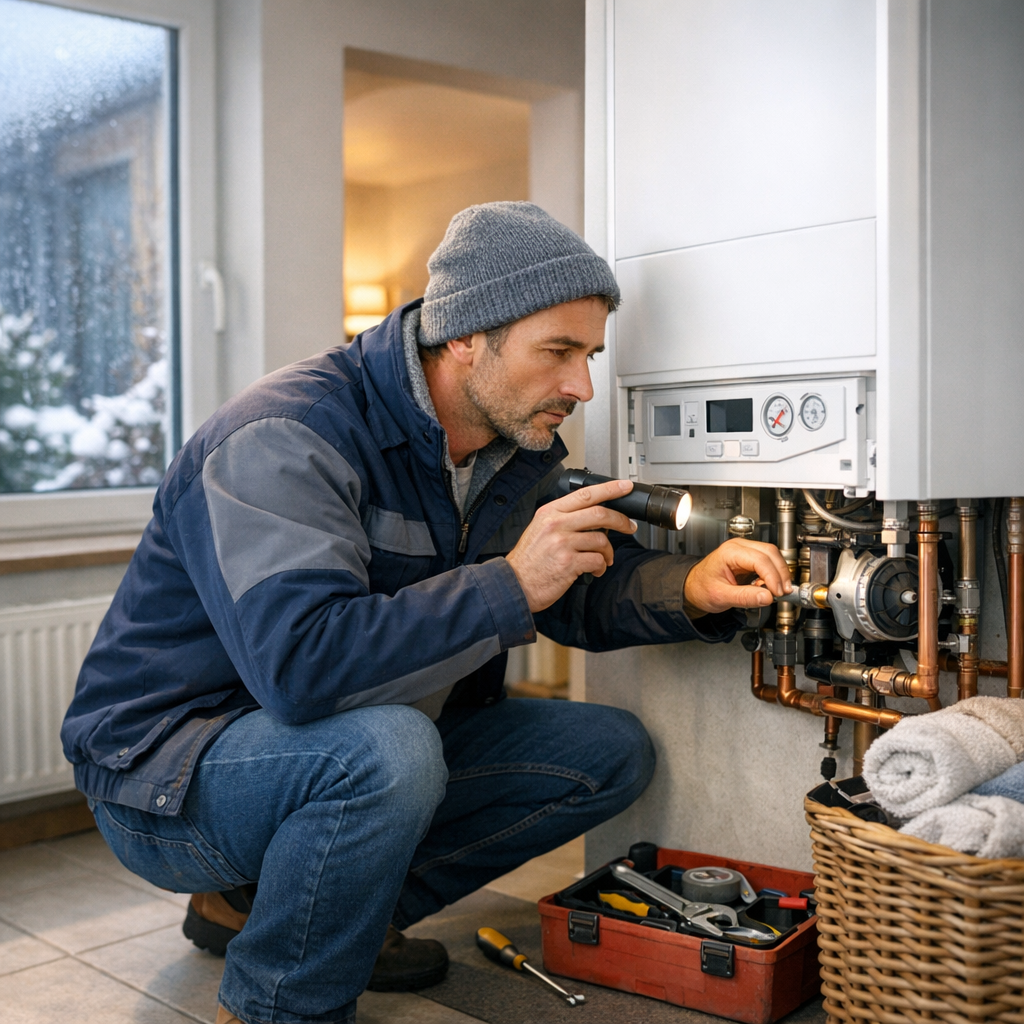 A man kneels beside a heating unit, using a flashlight to examine the control panel and pipes.