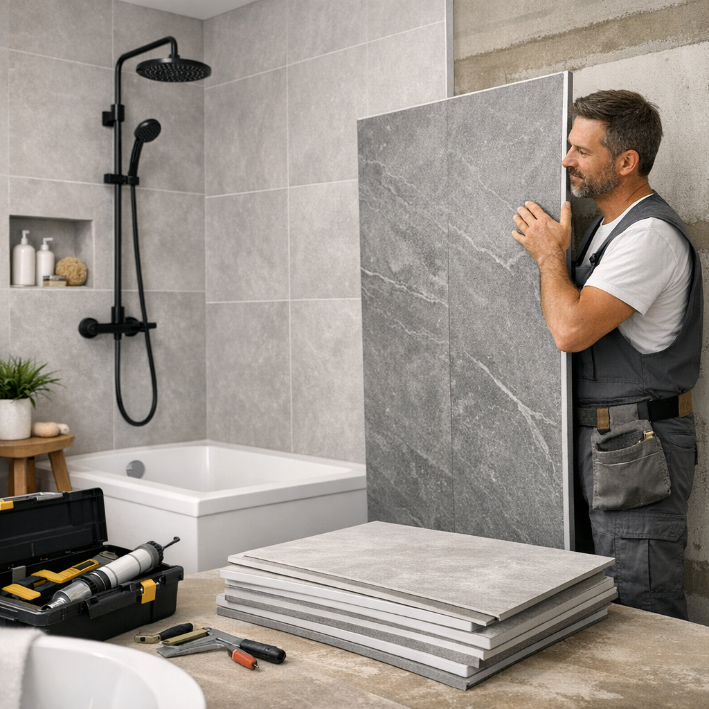 A man in gray overalls sets a large gray tile against the wall in a modern bathroom with a shower, bathtub, and tools visible on a counter.