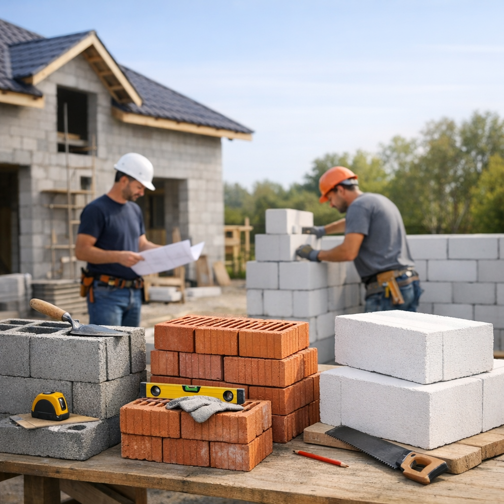Two construction workers are building a wall with concrete blocks on a worksite, with various types of bricks and tools displayed on a wooden table in the foreground.