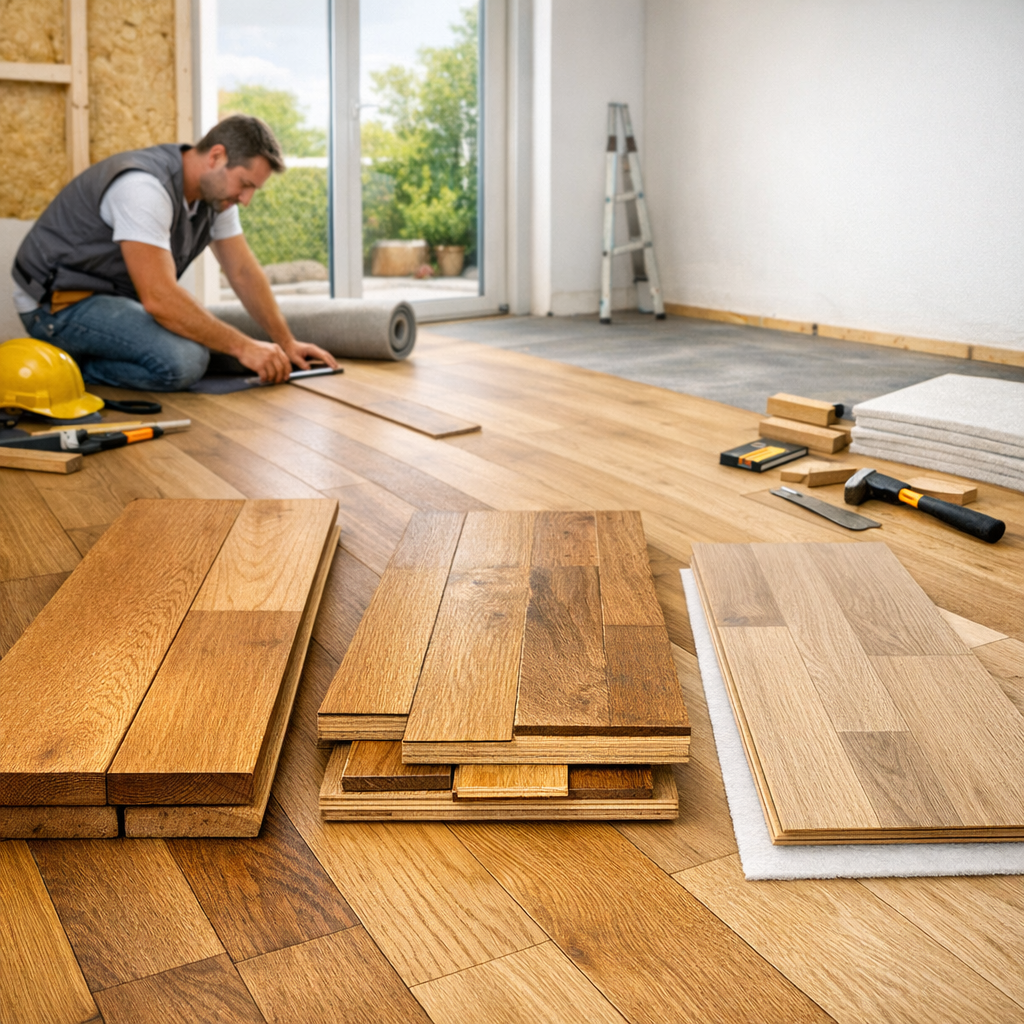 A man is installing wooden floor planks in a room with tools and materials scattered nearby.