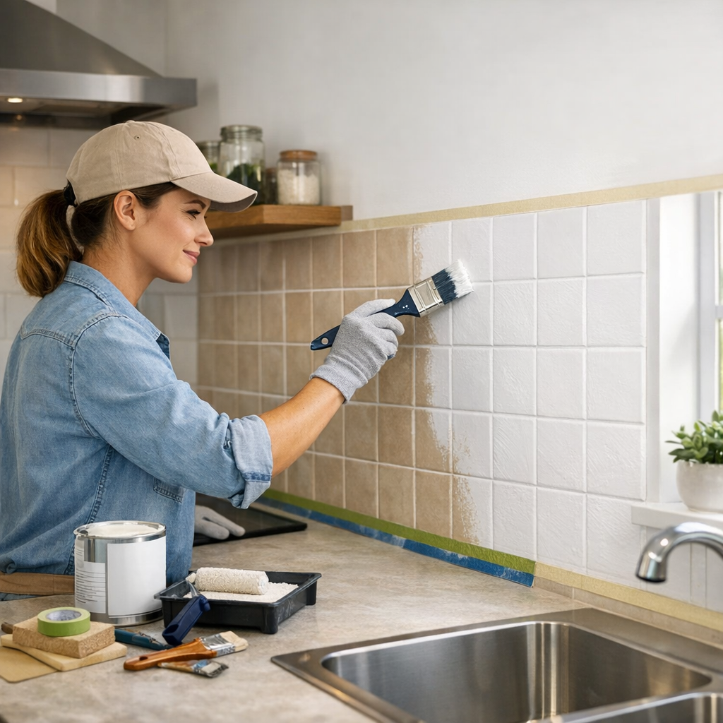 A woman in a cap and gloves paints a tiled kitchen wall with a brush, with painting supplies visible nearby.