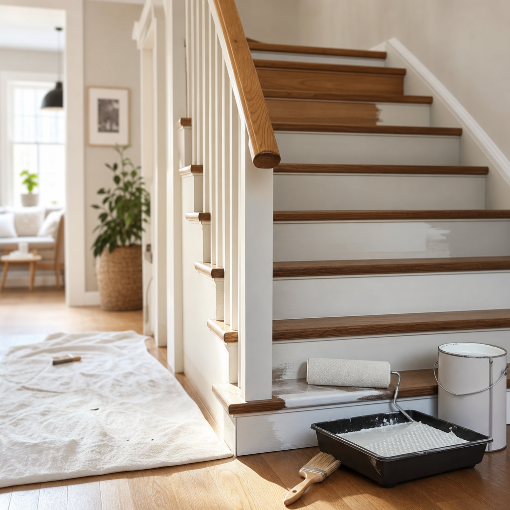 A partially painted staircase with wooden handrails, paint supplies including a roller and tray, and a drop cloth on the wooden floor.