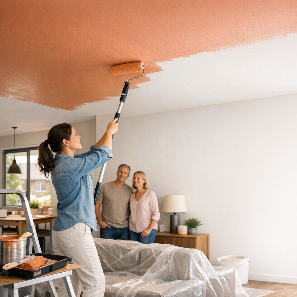 A woman paints a ceiling with a roller while a couple watches from the background in a living room.