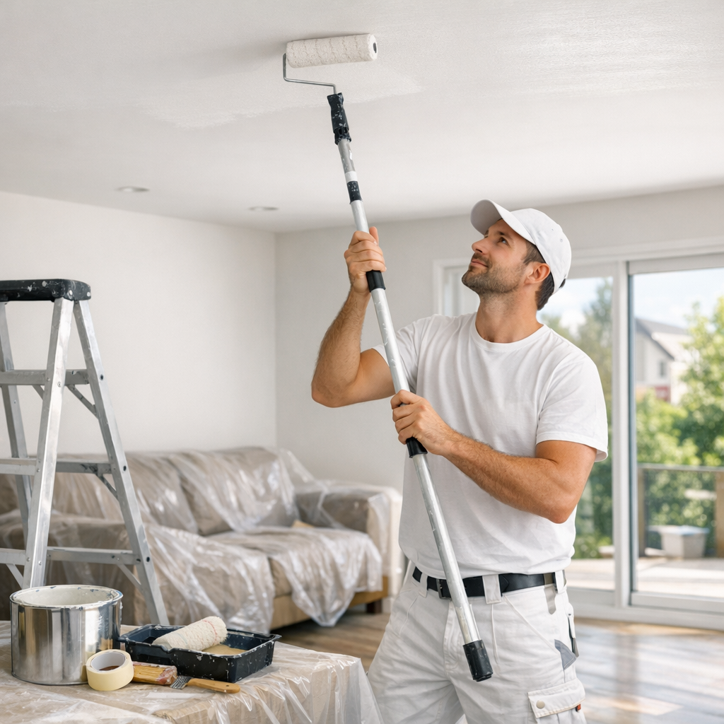 A painter holds a long roller to paint the ceiling in a partially furnished room.